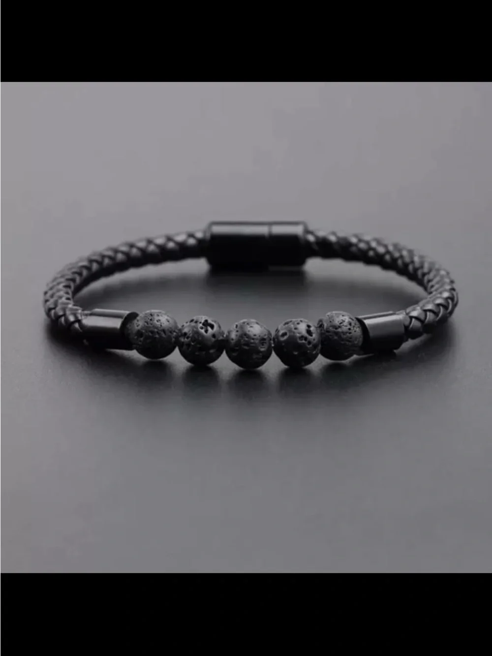 Men's Braided Leather Bracelet Black Lava Stone  ~NEW~